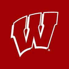 Outline of the University of Wisconsin Motion W logo on a red background